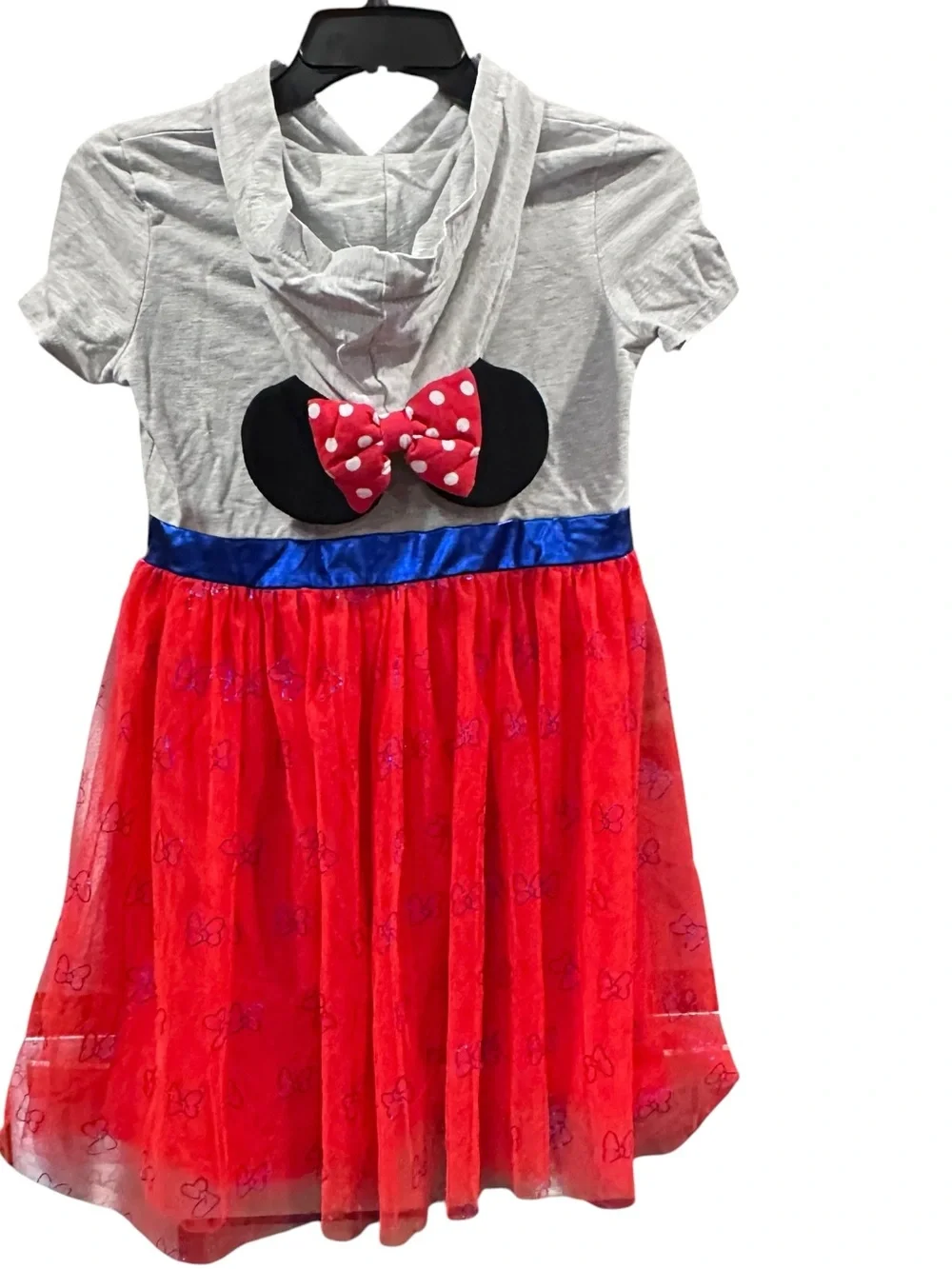 Disney Minnie Mouse Hooded Tulle Dress Girls XL 14 Red Gray Glitter Bow Cute